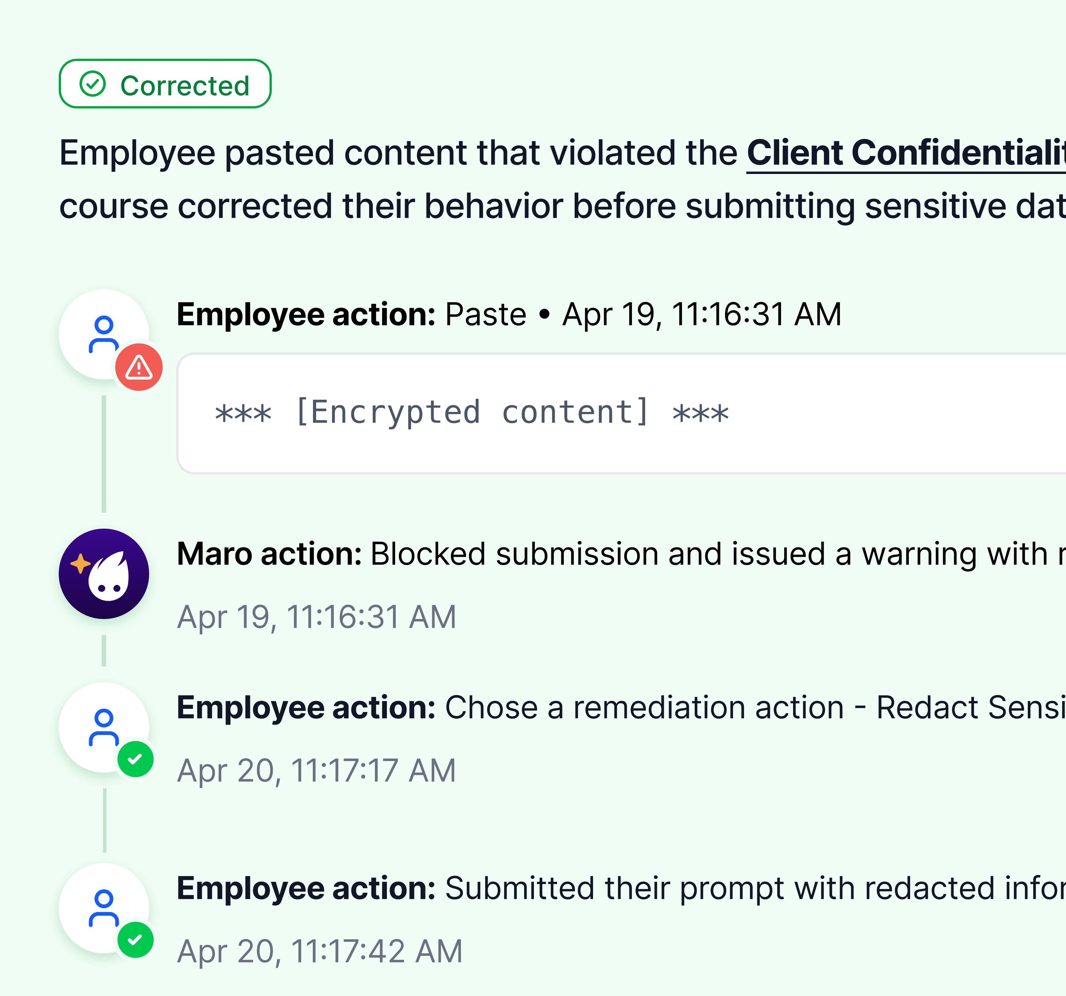 Maro course-correcting an unsafe AI action before exposure