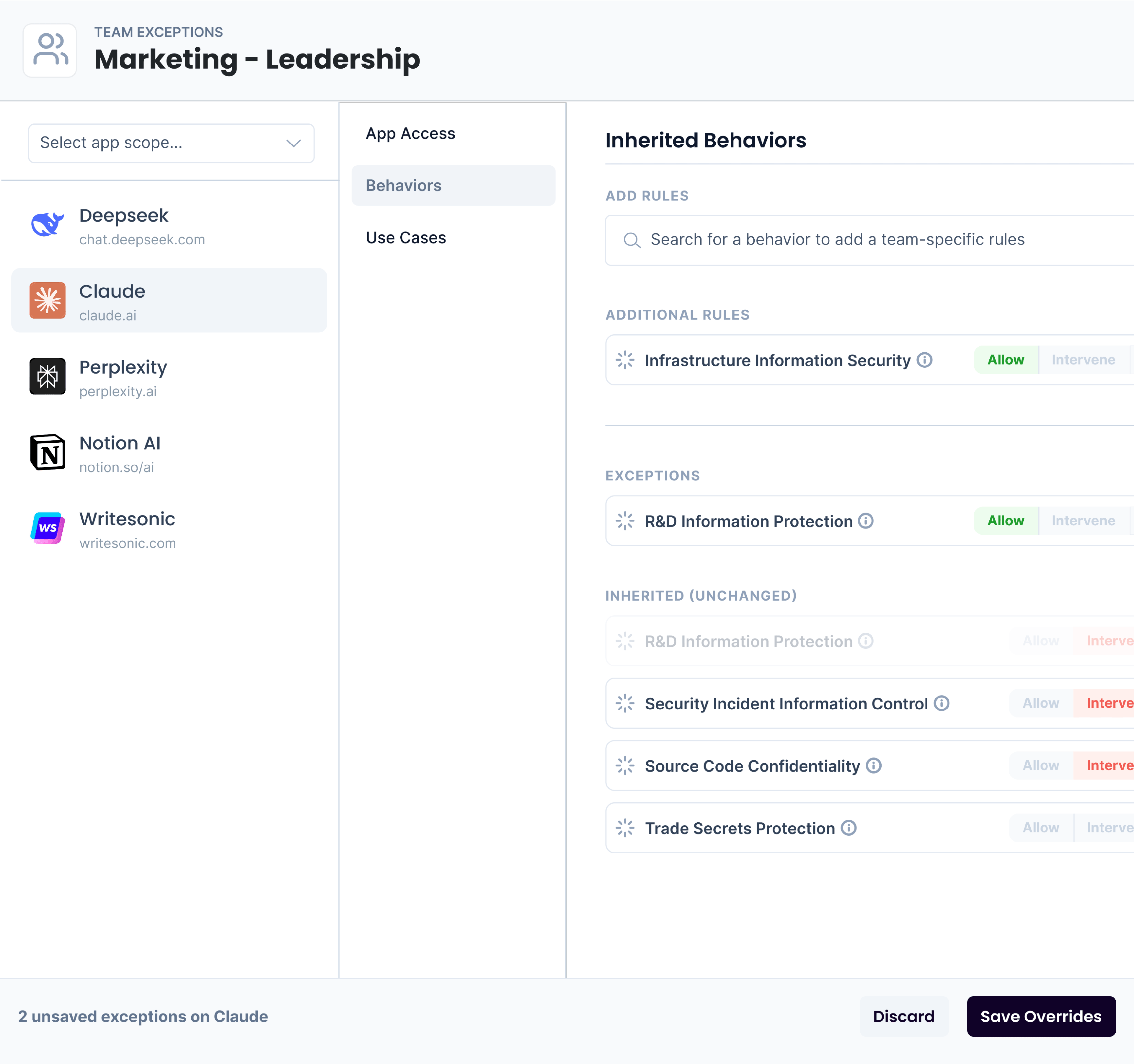 Managing team-level AI policy exceptions in Maro
