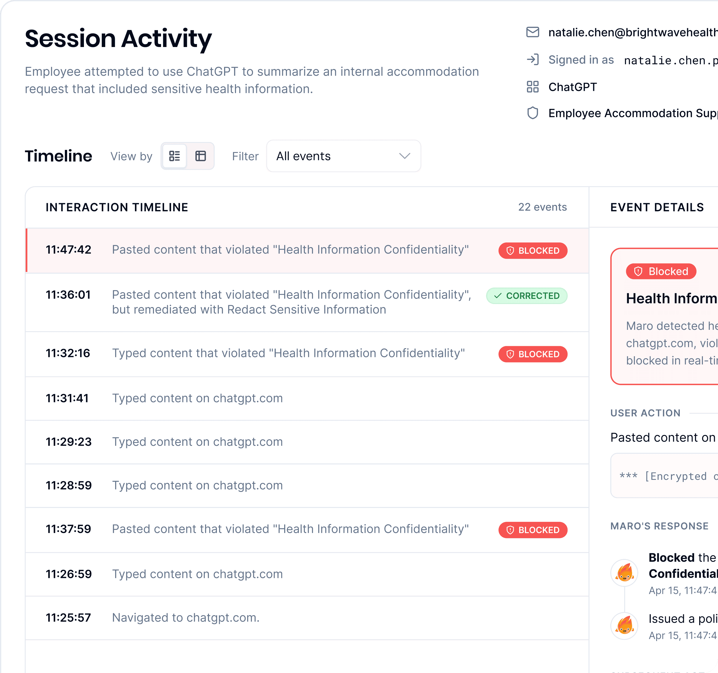 Maro flagging an AI session policy violation in real time