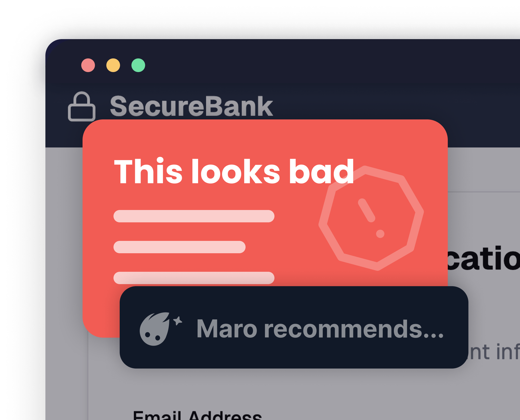 Illustration of a browser window with a notification stating 'This is bad' and 'Maro recommends'