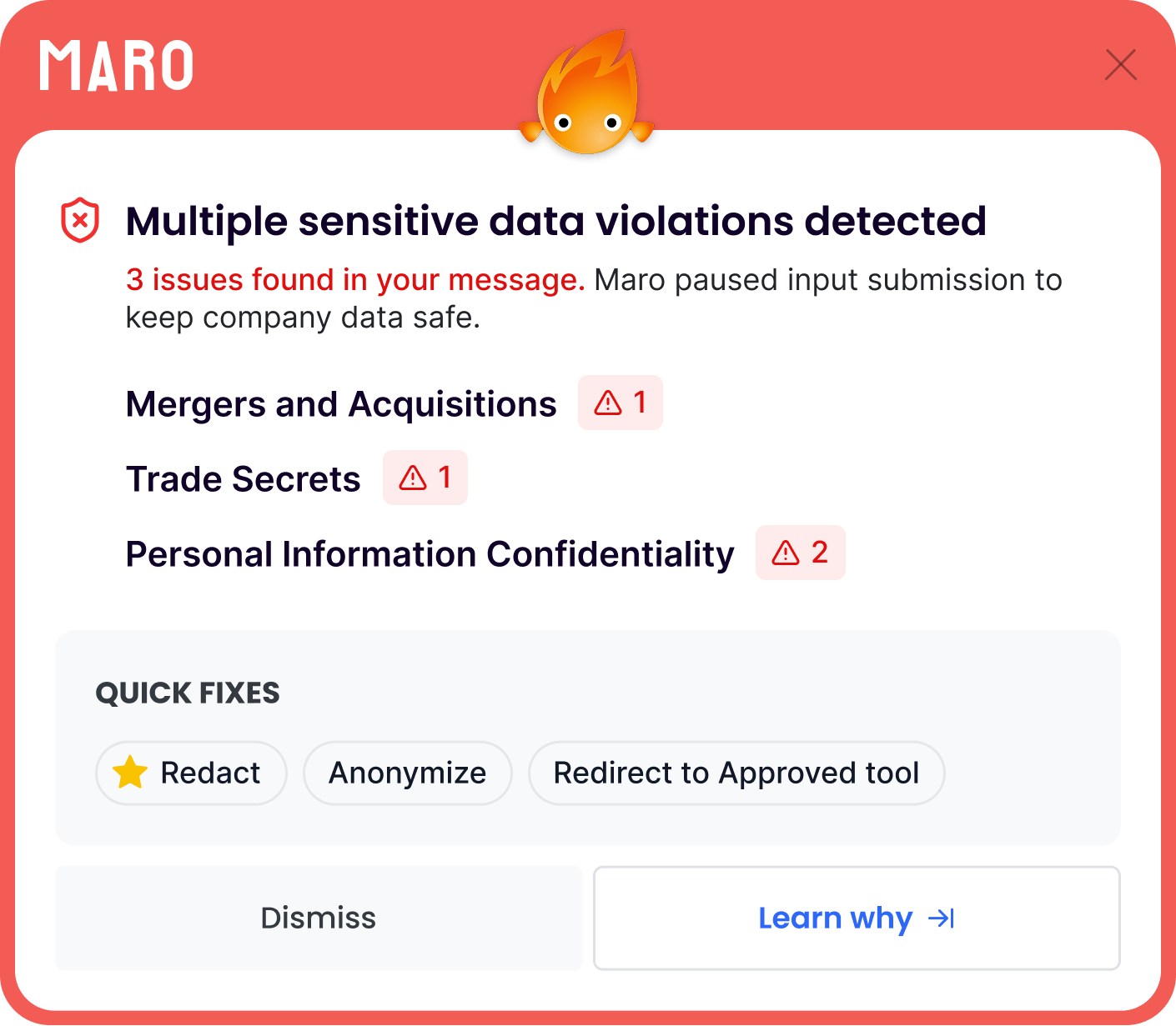 Maro intervention detecting multiple sensitive data violations